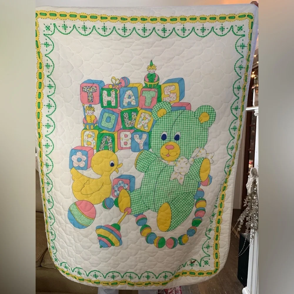 Vintage That’s Our Baby Cute Animals Green Gingham quilted Blanket  Teddy Ducky*